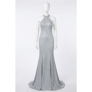 NEW ANGELA & ALISON sequin halter prom dress in silver